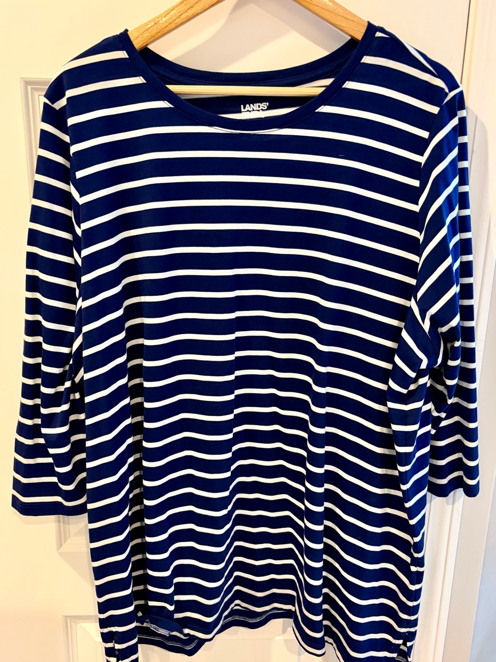 Lands' End Navy and White Striped Long Sleeve Top